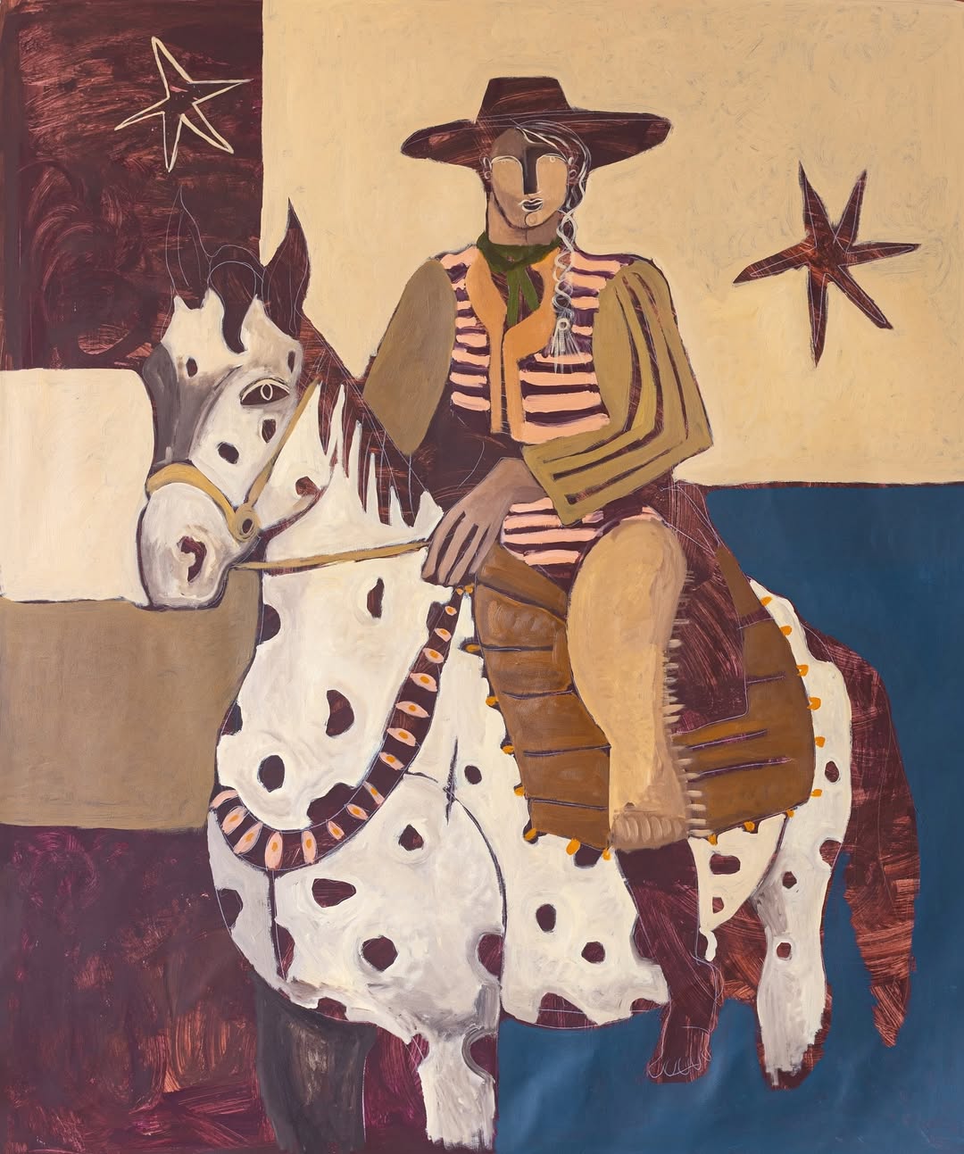 Original artwork of a cowboy riding on a horse, featuring abstract patterns and colors.