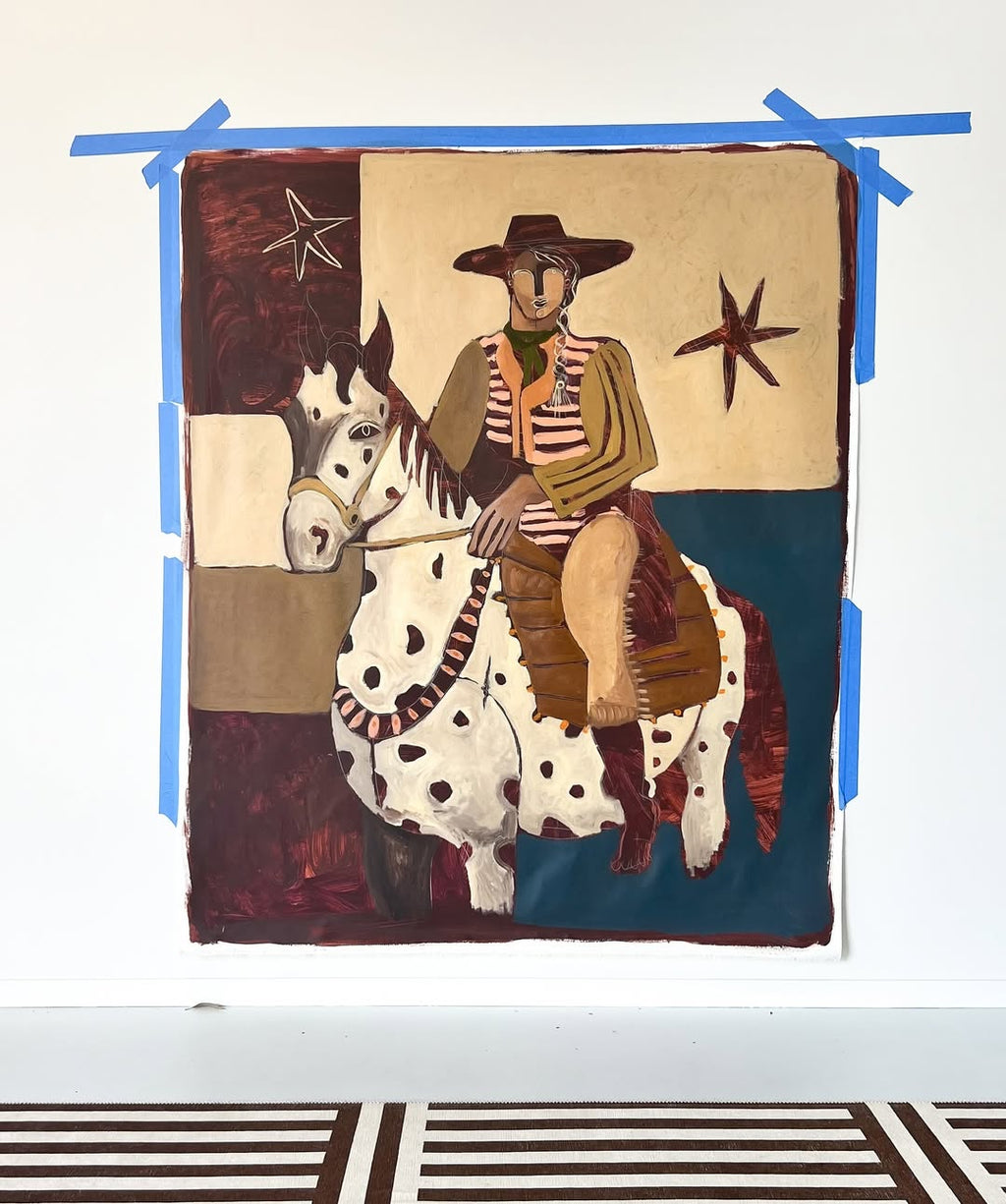 Original artwork of a cowboy riding on a horse, featuring abstract patterns and colors.